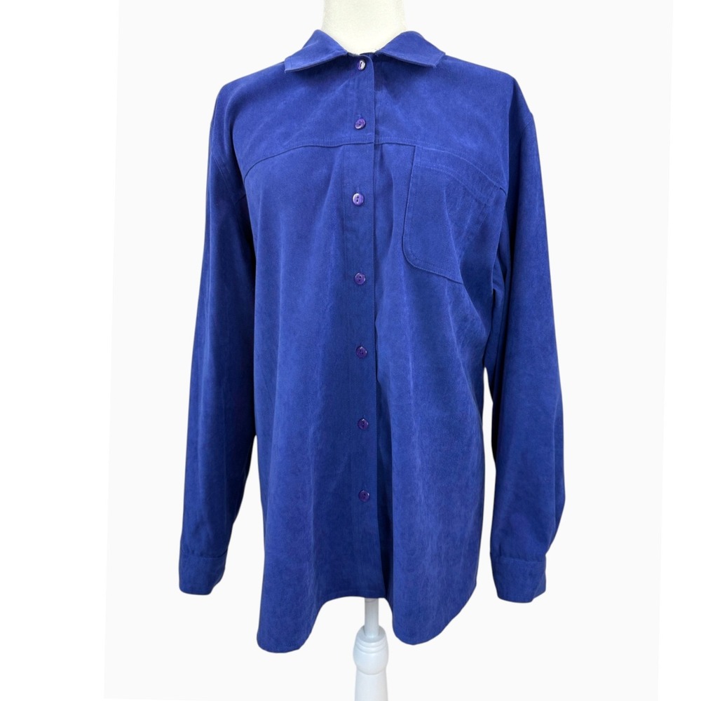 Allison Daley Women's 18 Royal Blue Faux Suede Button Down Shirt Long Sleeve